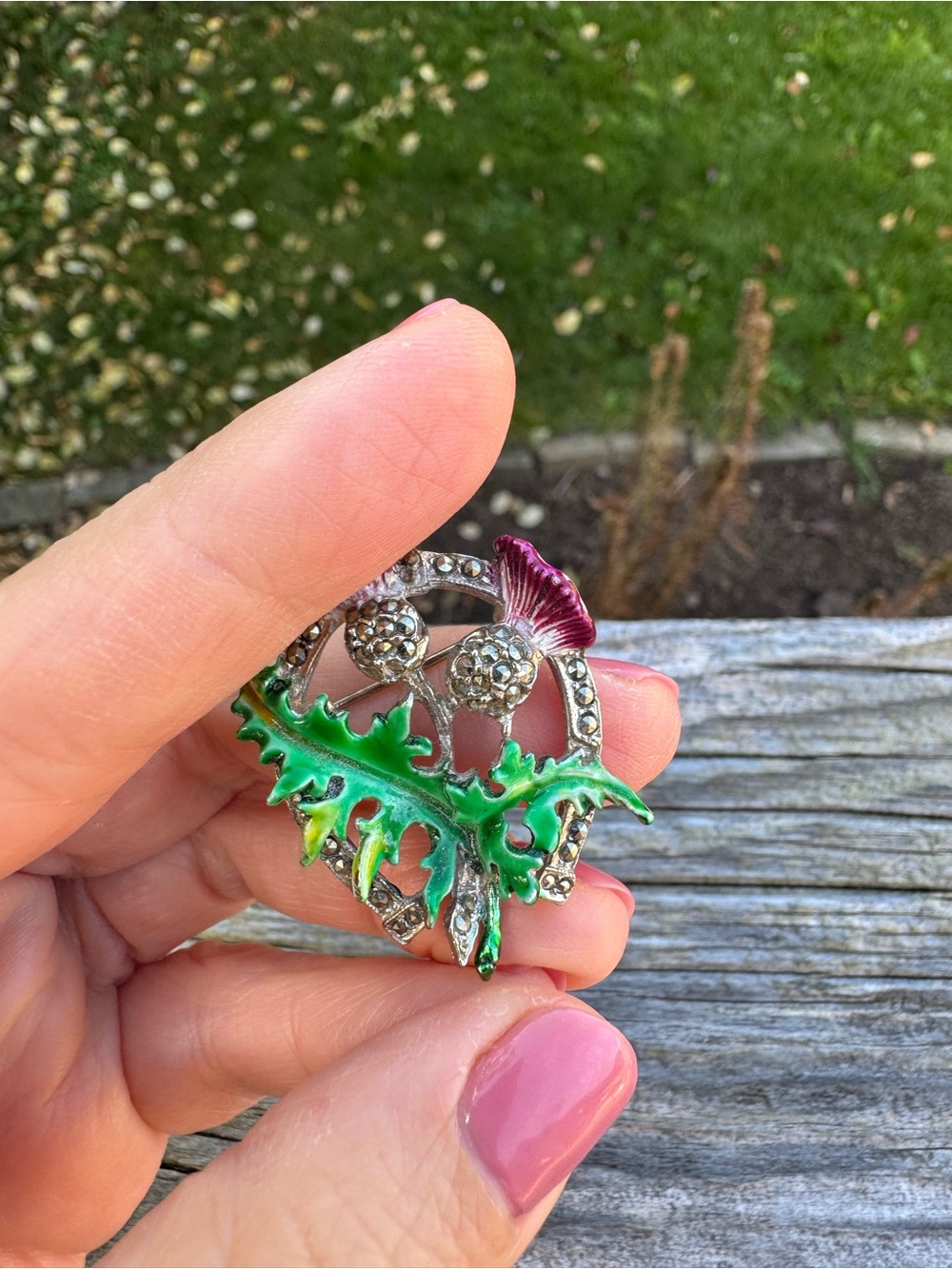 Vintage Green Enamel Thistle Brooch with Purple Flower Tops - Scottish